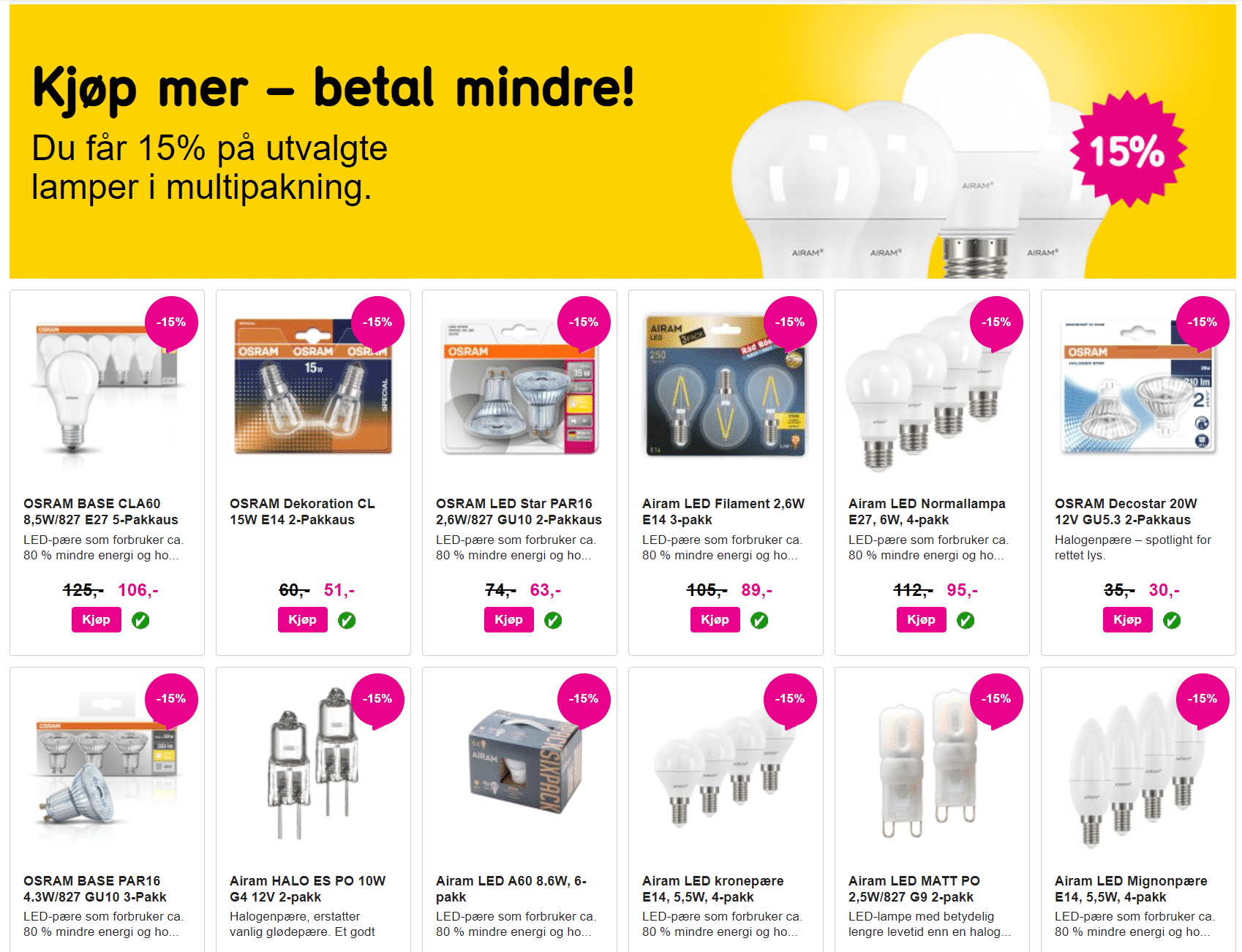 InkClub tilbud med 15% på utvalgte lyskilder i multipakning!