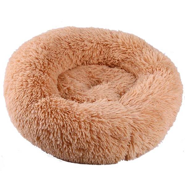Beige rund luksus plysj hundeseng og katteseng