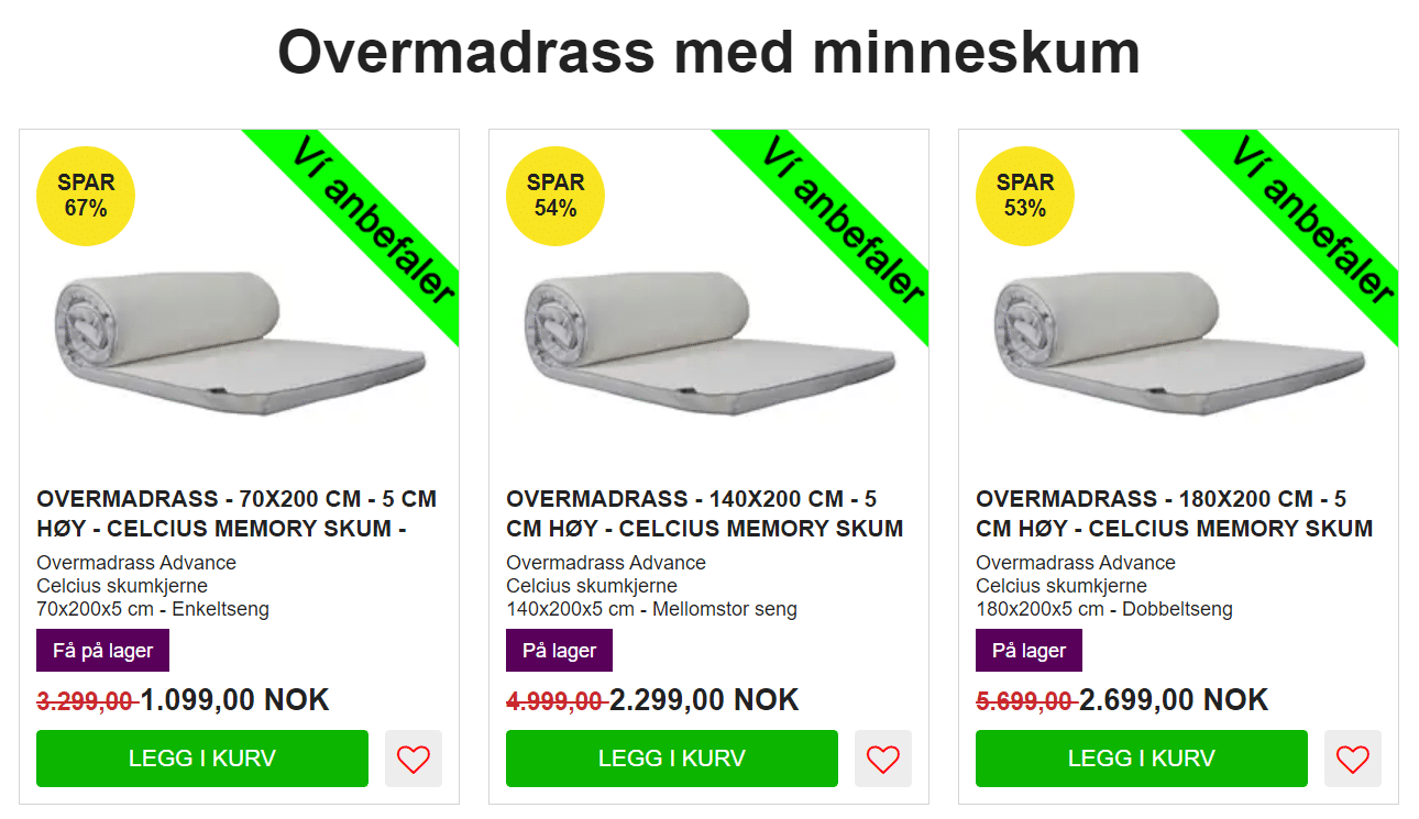 Tilbud overmadrasser fra Hometex.no