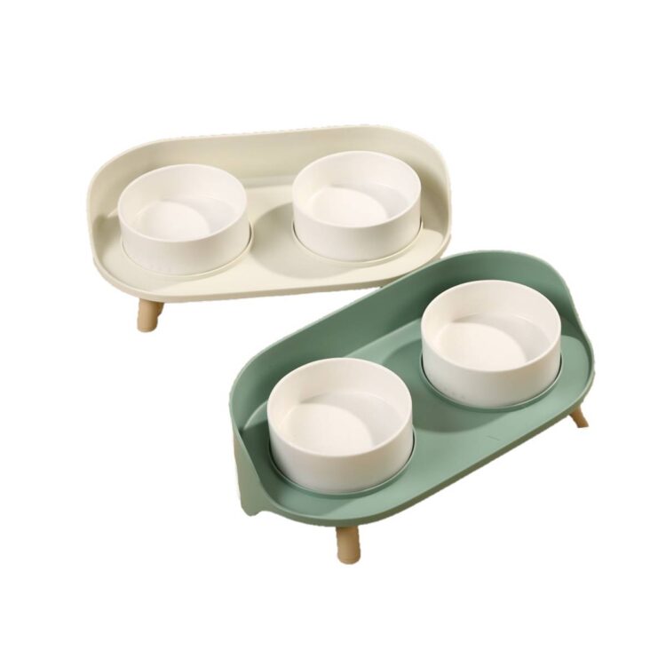 Dobbel design hundeskål og katteskål med stativ (Grønn)