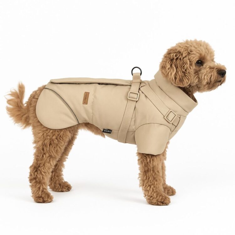Beige hundejakke med integrert sele (2XL)